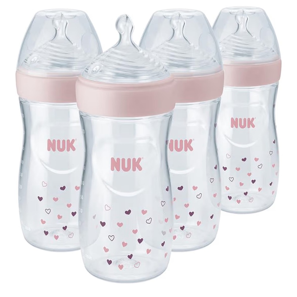 NUK Simply Natural Bottles with SafeTemp - 9 oz Pink Hearts design (set of 4)